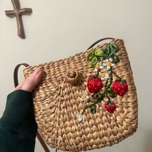 Strawberry Embroidered Straw Crossbody Bag